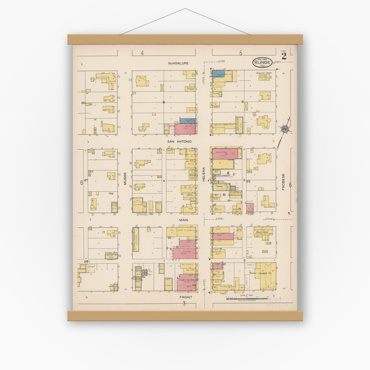 Old map wall art mockup — magnetic wood frame on white wall — Sanborn Fire Insurance Map from Runge, Karnes County, Texas (1922), Sheet #0002