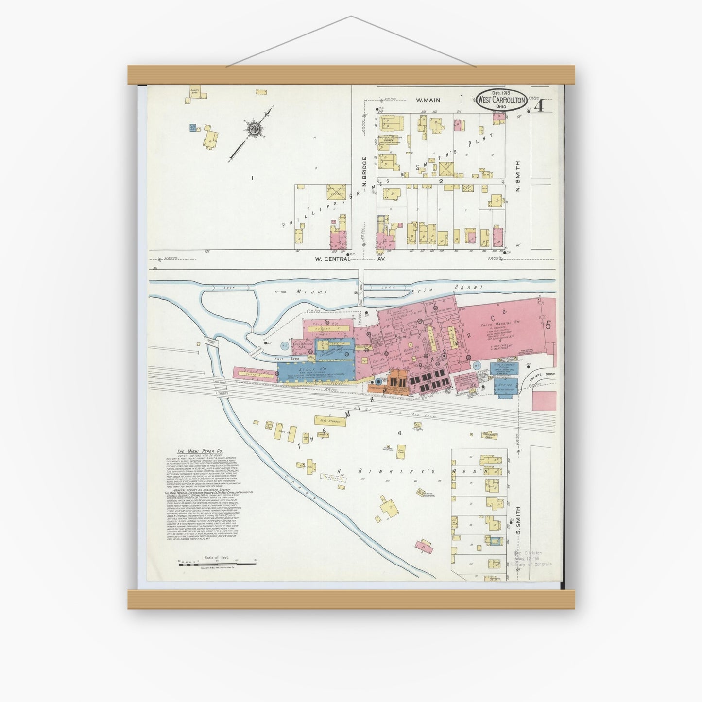 Old map wall art mockup — magnetic wood frame on white wall — Sanborn Fire Insurance Map from West Carrollton, Montgomery County, Ohio (1918), Sheet #0004