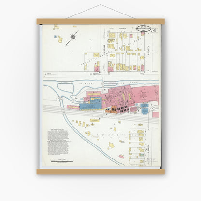 Old map wall art mockup — magnetic wood frame on white wall — Sanborn Fire Insurance Map from West Carrollton, Montgomery County, Ohio (1918), Sheet #0004