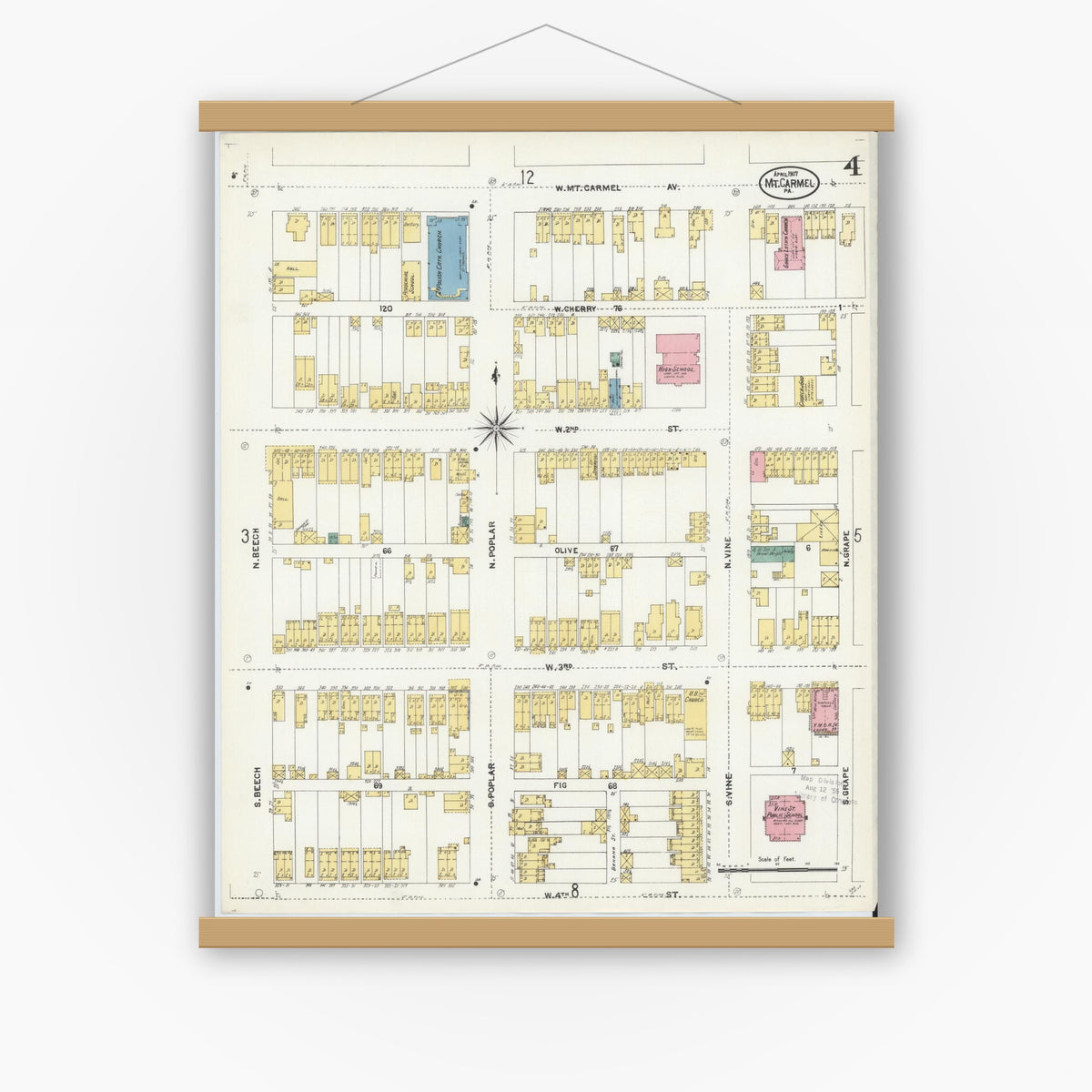 Old map wall art mockup — magnetic wood frame on white wall — Sanborn Fire Insurance Map from Mount Carmel, Northumberland County, Pennsylvania (1907), Sheet #0004