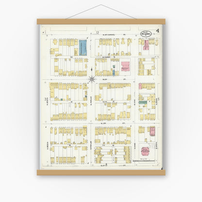 Old map wall art mockup — magnetic wood frame on white wall — Sanborn Fire Insurance Map from Mount Carmel, Northumberland County, Pennsylvania (1907), Sheet #0004
