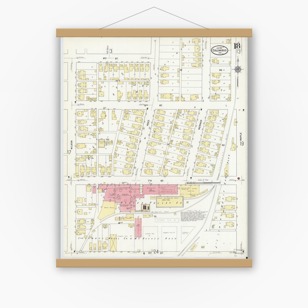 Old map wall art mockup — magnetic wood frame on white wall — Sanborn Fire Insurance Map from Columbus, Bartholomew County, Indiana (1912), Sheet #0018