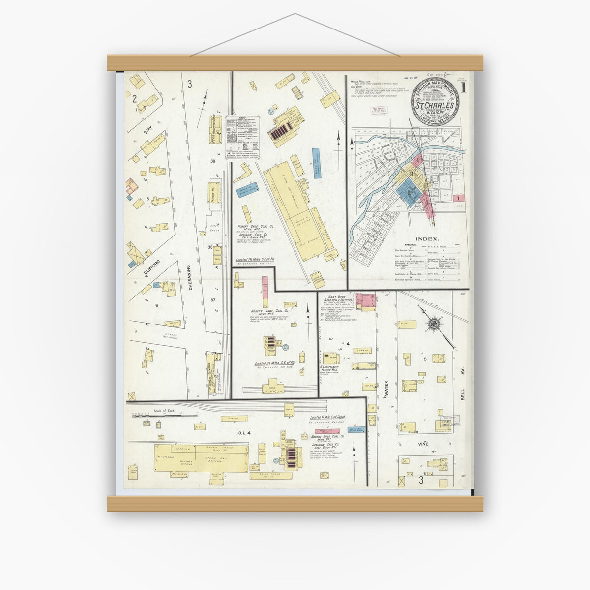 Old map wall art mockup — magnetic wood frame on white wall — Sanborn Fire Insurance Map from Saint Charles, Saginaw County, Michigan (1911), Sheet #0001