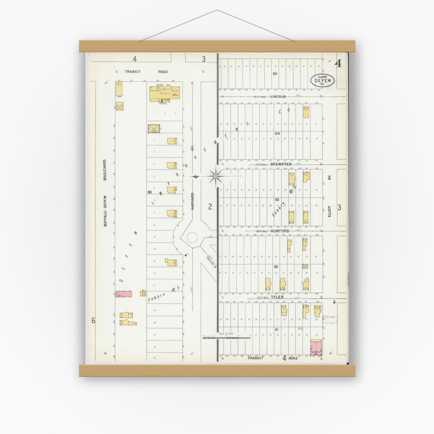 Old map wall art mockup — magnetic wood frame on white wall — Sanborn Fire Insurance Map from Depew, Erie County, New York (1900), Sheet #0004