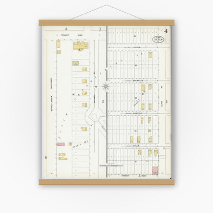 Old map wall art mockup — magnetic wood frame on white wall — Sanborn Fire Insurance Map from Depew, Erie County, New York (1900), Sheet #0004