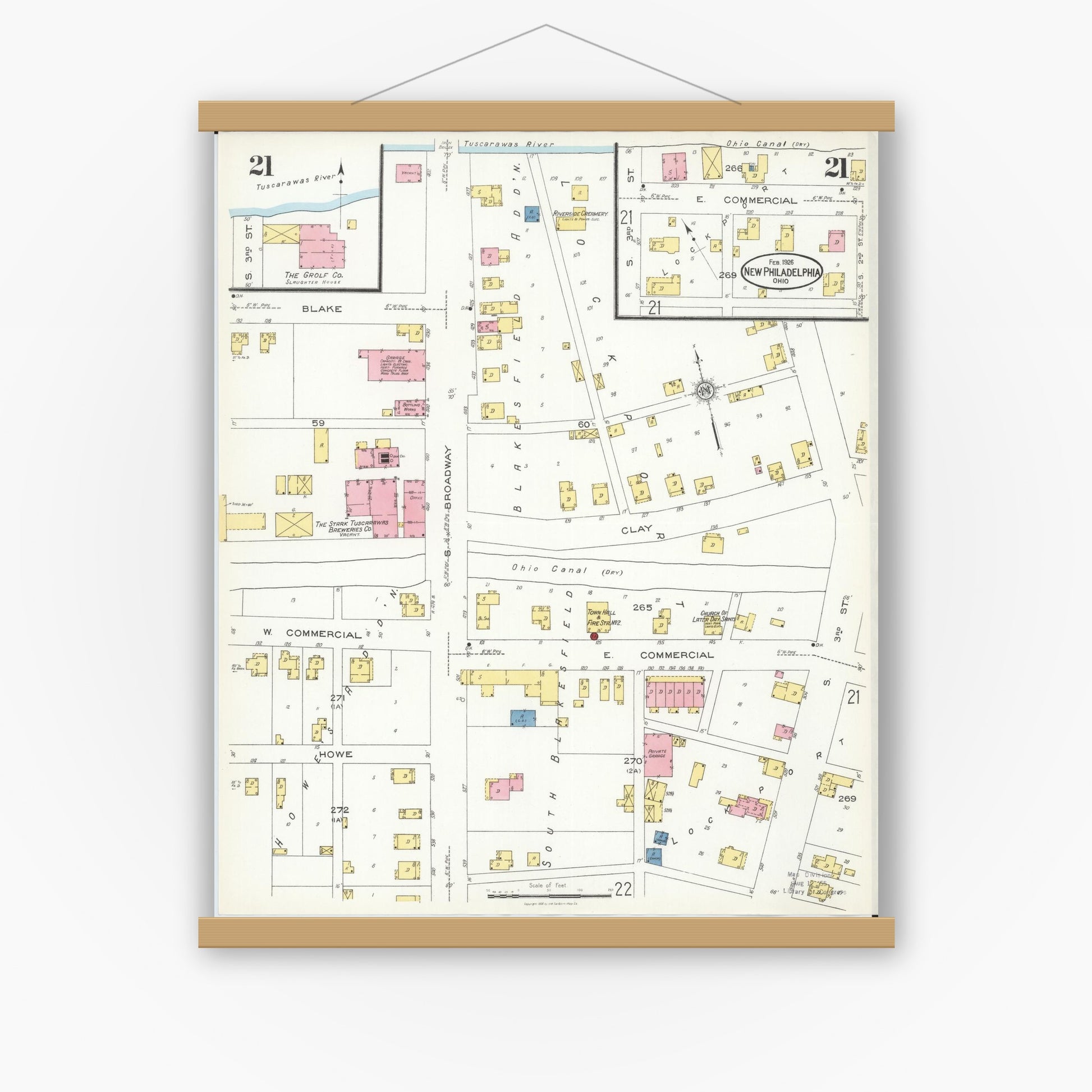 Old map wall art mockup — magnetic wood frame on white wall — Sanborn Fire Insurance Map from New Philadelphia, Tuscarawas County, Ohio (1926), Sheet #0021