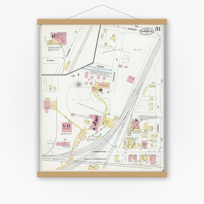 Old map wall art mockup — magnetic wood frame on white wall — Sanborn Fire Insurance Map from Bloomington, McLean County, Illinois (1901), Sheet #0031