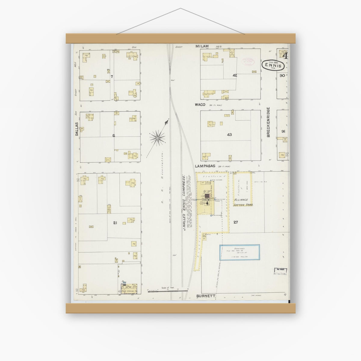 Old map wall art mockup — magnetic wood frame on white wall — Sanborn Fire Insurance Map from Ennis, Ellis County, Texas (1890), Sheet #0004
