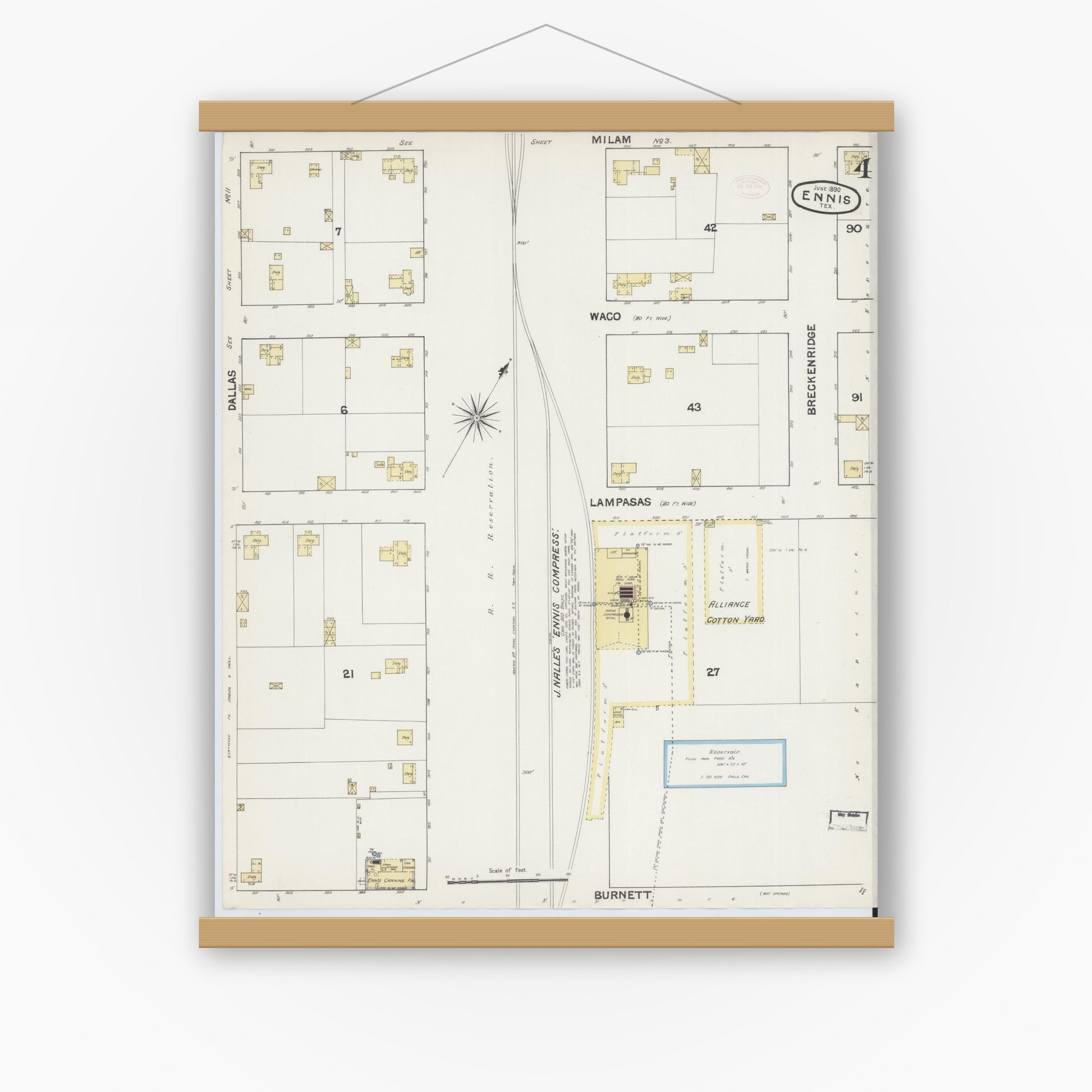 Old map wall art mockup — magnetic wood frame on white wall — Sanborn Fire Insurance Map from Ennis, Ellis County, Texas (1890), Sheet #0004