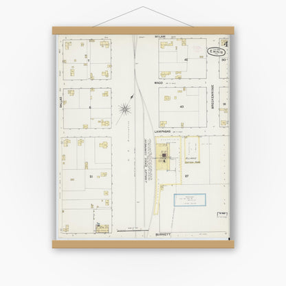 Old map wall art mockup — magnetic wood frame on white wall — Sanborn Fire Insurance Map from Ennis, Ellis County, Texas (1890), Sheet #0004