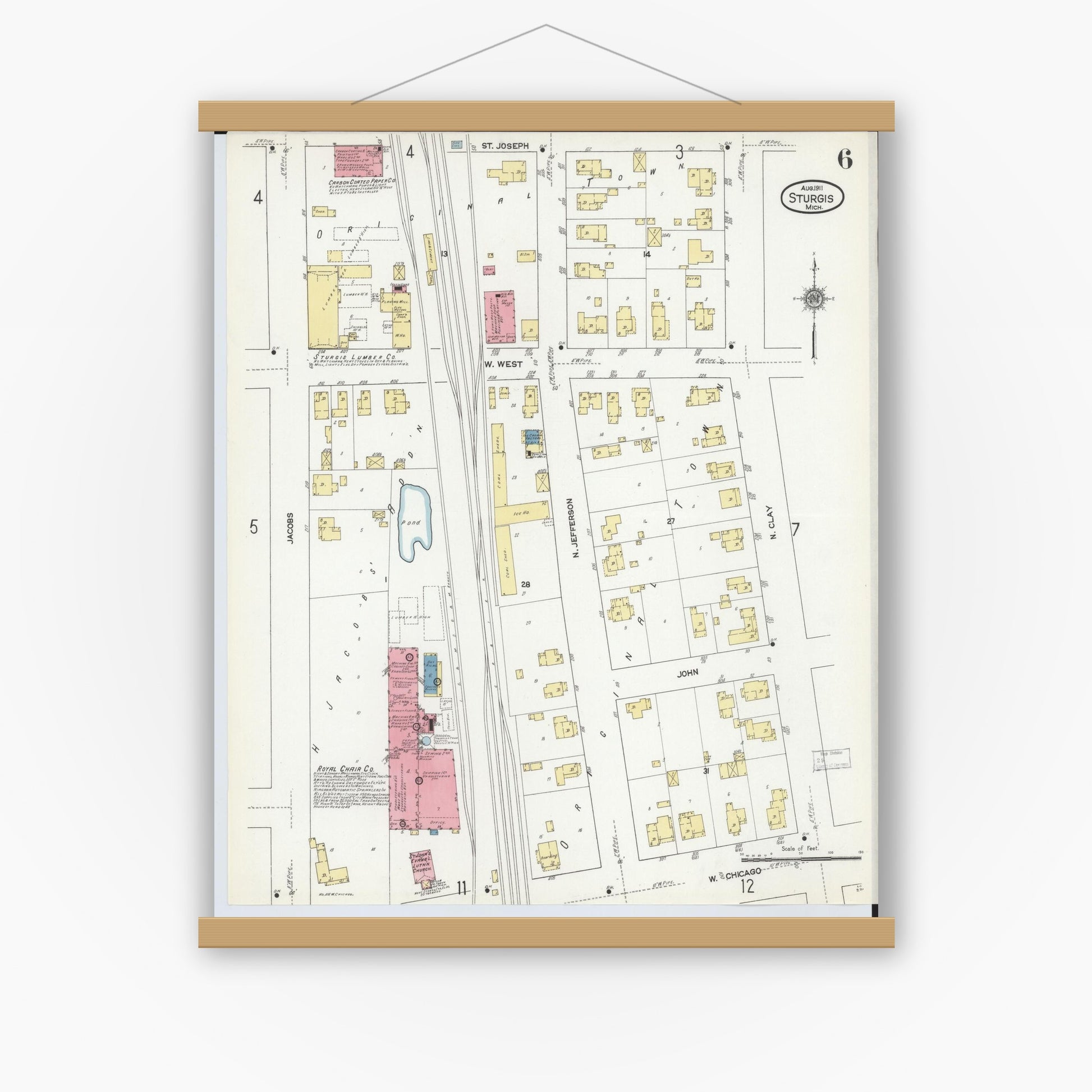 Old map wall art mockup — magnetic wood frame on white wall — Sanborn Fire Insurance Map from Sturgis, Saint Joseph County, Michigan (1911), Sheet #0006