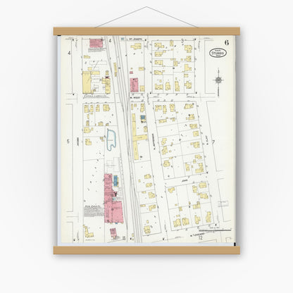 Old map wall art mockup — magnetic wood frame on white wall — Sanborn Fire Insurance Map from Sturgis, Saint Joseph County, Michigan (1911), Sheet #0006