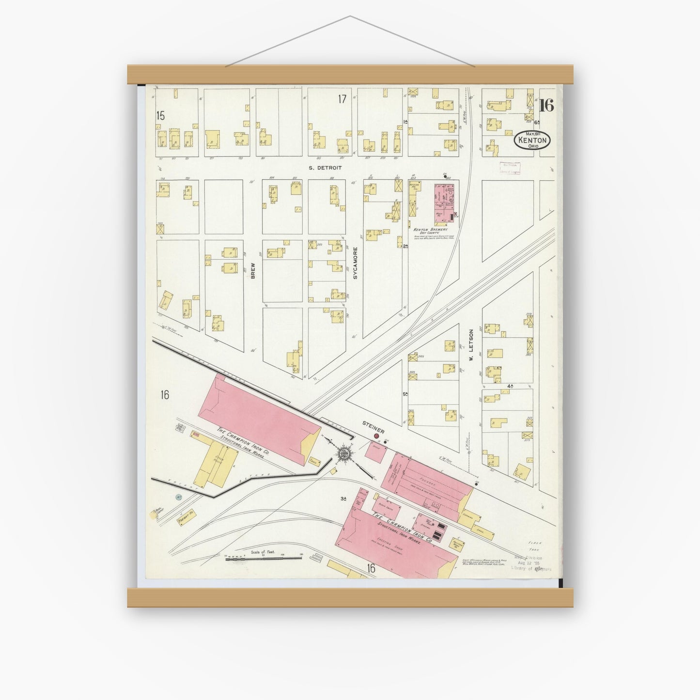 Old map wall art mockup — magnetic wood frame on white wall — Sanborn Fire Insurance Map from Kenton, Hardin County, Ohio (1911), Sheet #0016