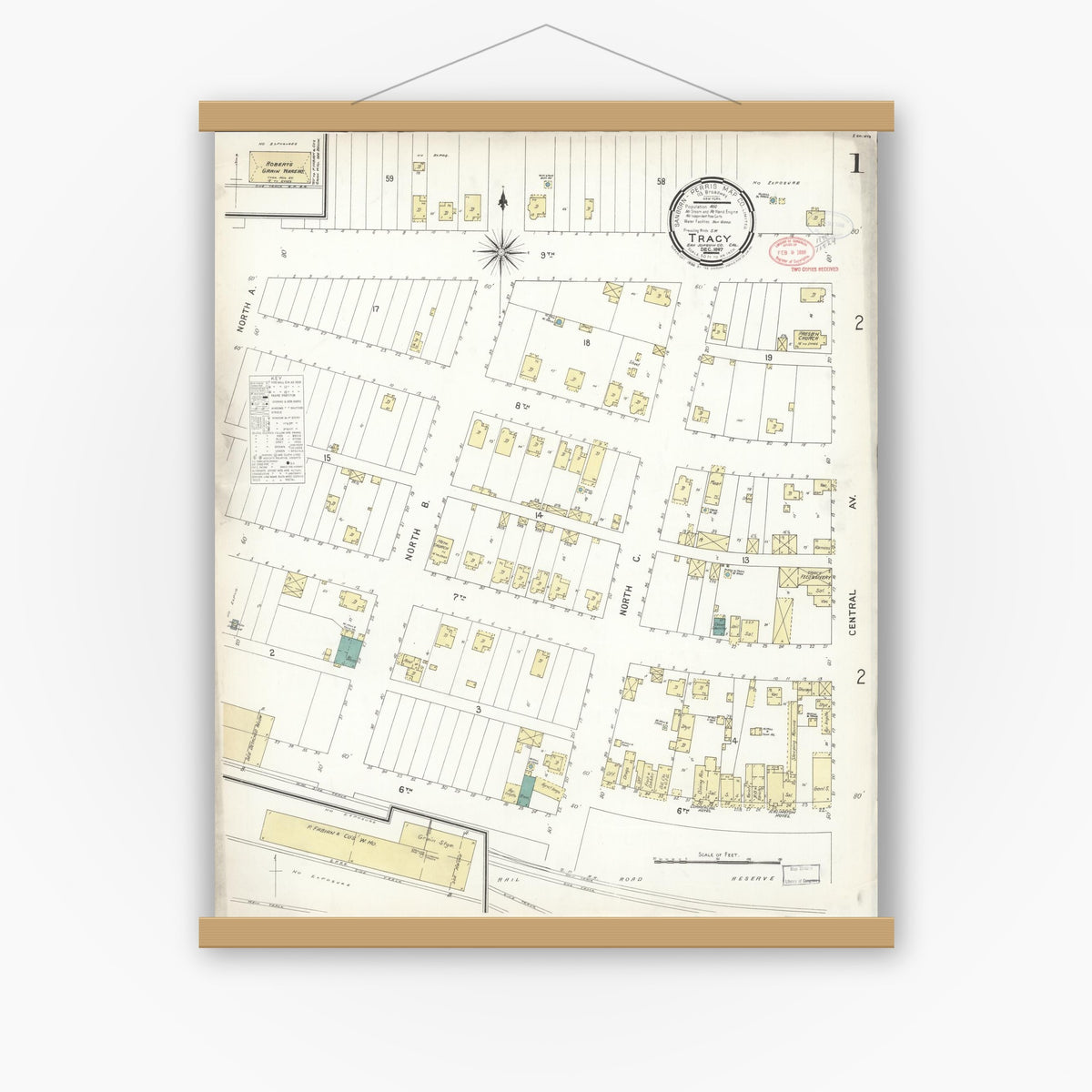 Old map wall art mockup — magnetic wood frame on white wall — Sanborn Fire Insurance Map from Tracy, San Joaquin County, California (1897) - Complete Map Set