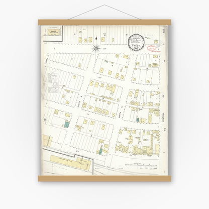 Old map wall art mockup — magnetic wood frame on white wall — Sanborn Fire Insurance Map from Tracy, San Joaquin County, California (1897) - Complete Map Set