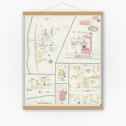 Old map wall art mockup — magnetic wood frame on white wall — Sanborn Fire Insurance Map from Franklin, Venango County, Pennsylvania (1891), Sheet #0012