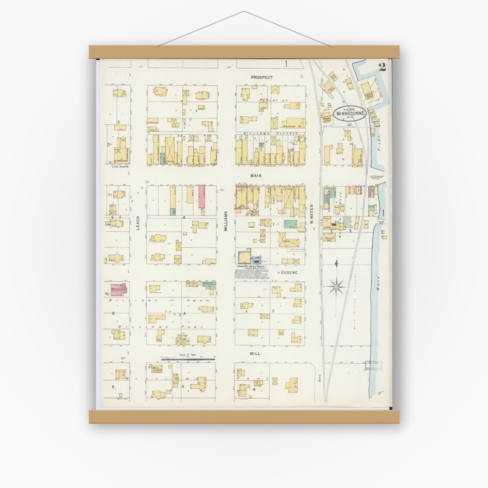 Old map wall art mockup — magnetic wood frame on white wall — Sanborn Fire Insurance Map from Winneconne, Winnebago County, Wisconsin (1898), Sheet #0002
