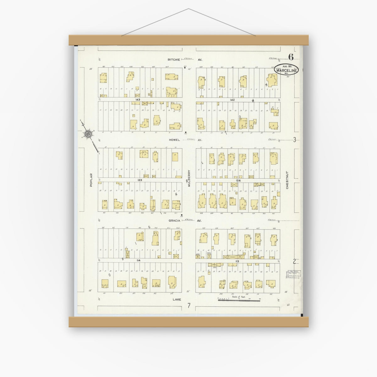Old map wall art mockup — magnetic wood frame on white wall — Sanborn Fire Insurance Map from Marceline, Linn County, Missouri (1911), Sheet #0006