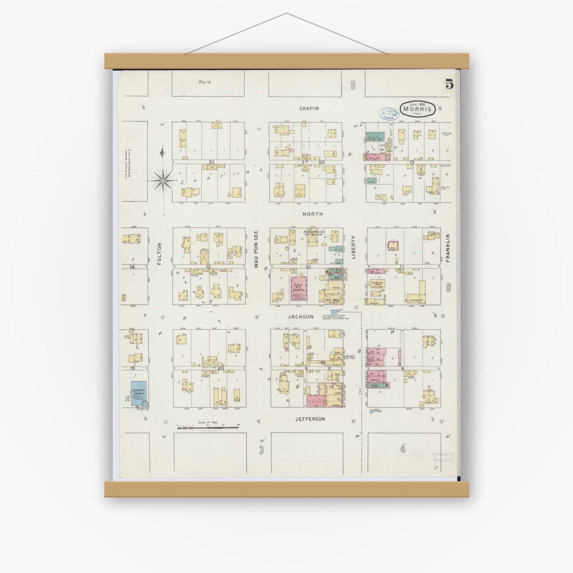 Old map wall art mockup — magnetic wood frame on white wall — Sanborn Fire Insurance Map from Morris, Grundy County, Illinois (1894), Sheet #0005
