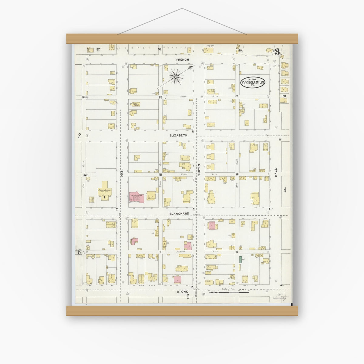 Old map wall art mockup — magnetic wood frame on white wall — Sanborn Fire Insurance Map from Osceola Mills, Clearfield County, Pennsylvania (1904), Sheet #0003