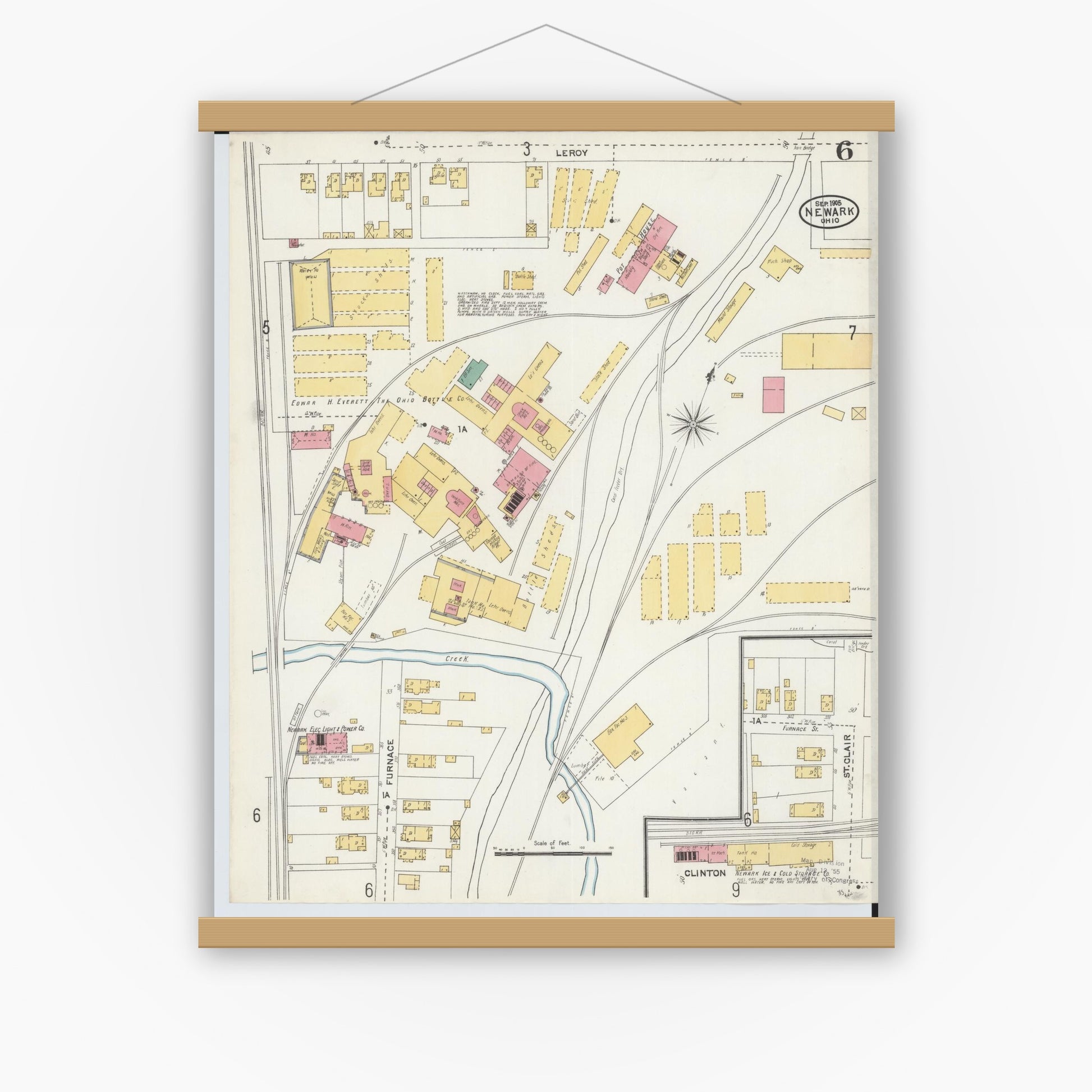 Old map wall art mockup — magnetic wood frame on white wall — Sanborn Fire Insurance Map from Newark, Licking County, Ohio (1905), Sheet #0006
