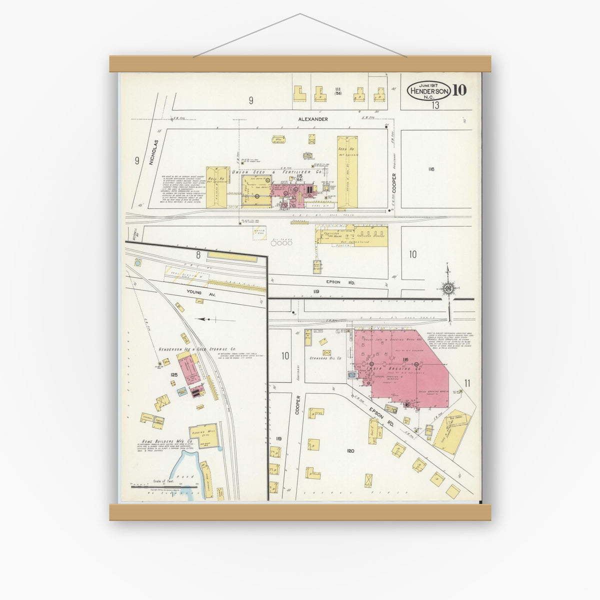 Old map wall art mockup — magnetic wood frame on white wall — Sanborn Fire Insurance Map from Henderson, Vance County, North Carolina (1917), Sheet #0010