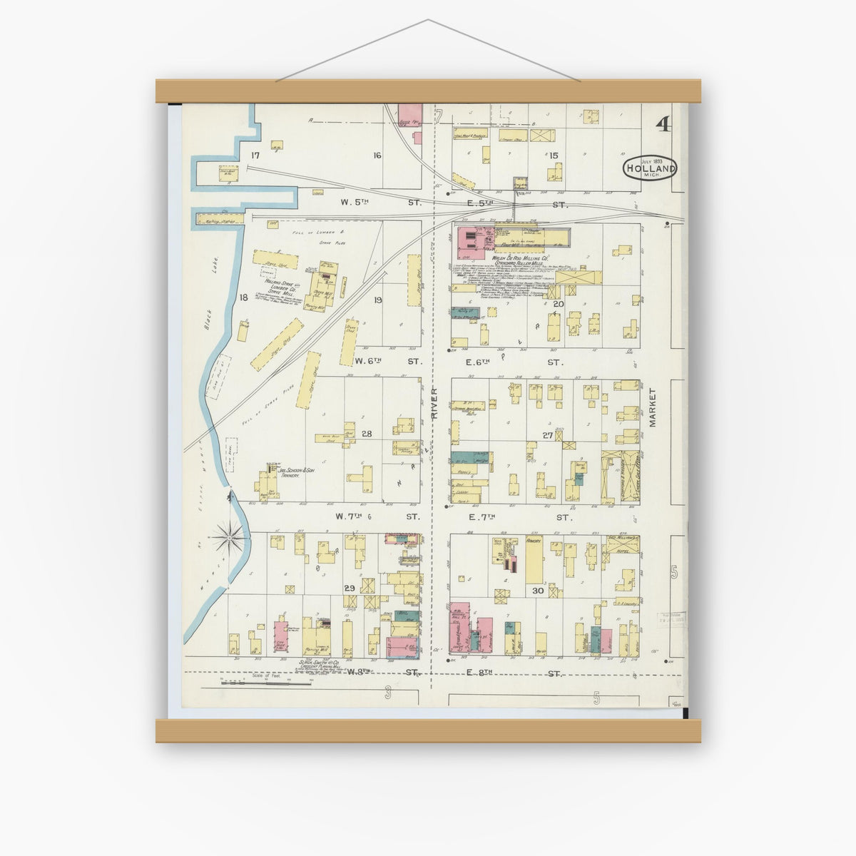 Old map wall art mockup — magnetic wood frame on white wall — Sanborn Fire Insurance Map from Holland, Ottawa County, Michigan (1893), Sheet #0004