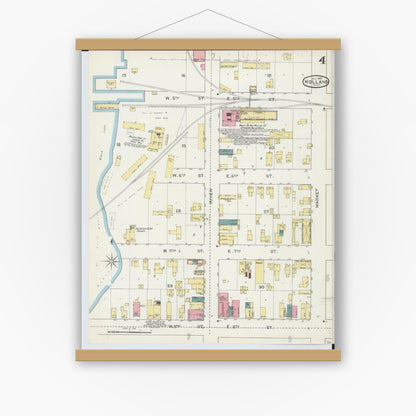 Old map wall art mockup — magnetic wood frame on white wall — Sanborn Fire Insurance Map from Holland, Ottawa County, Michigan (1893), Sheet #0004