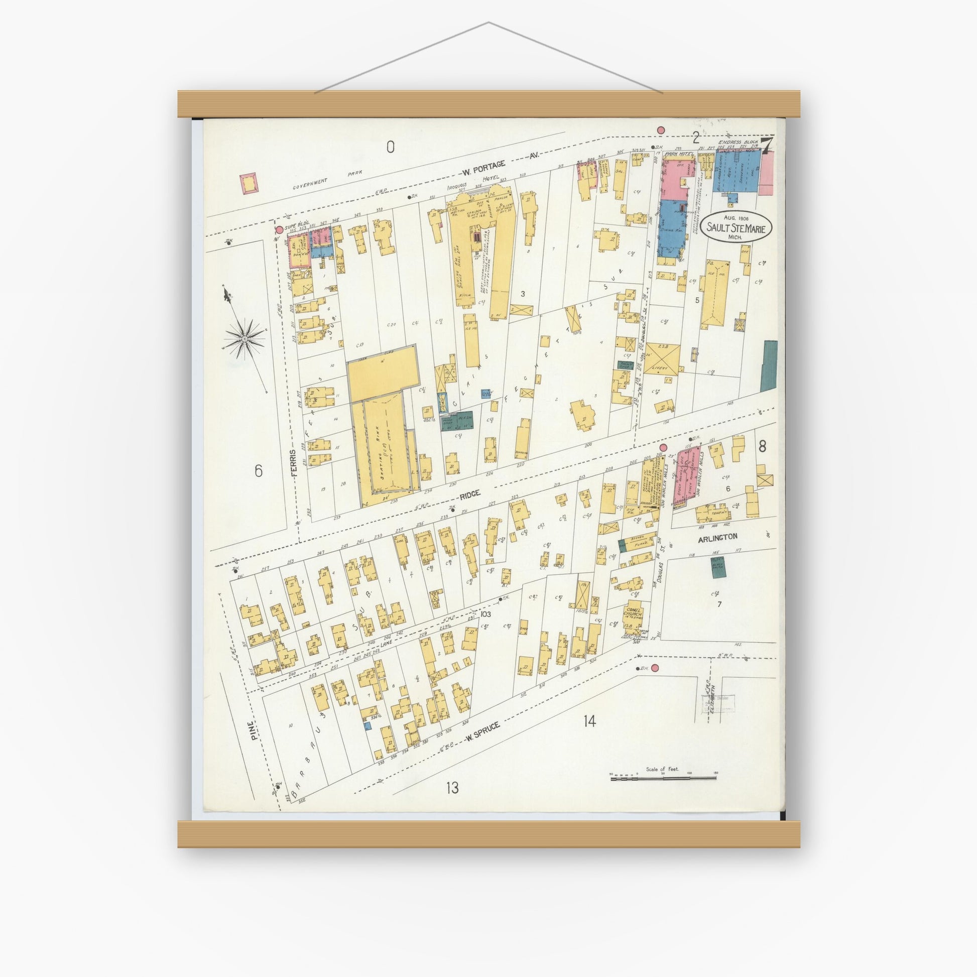 Old map wall art mockup — magnetic wood frame on white wall — Sanborn Fire Insurance Map from Sault Sainte Marie, Chippewa County, Michigan (1906), Sheet #0007