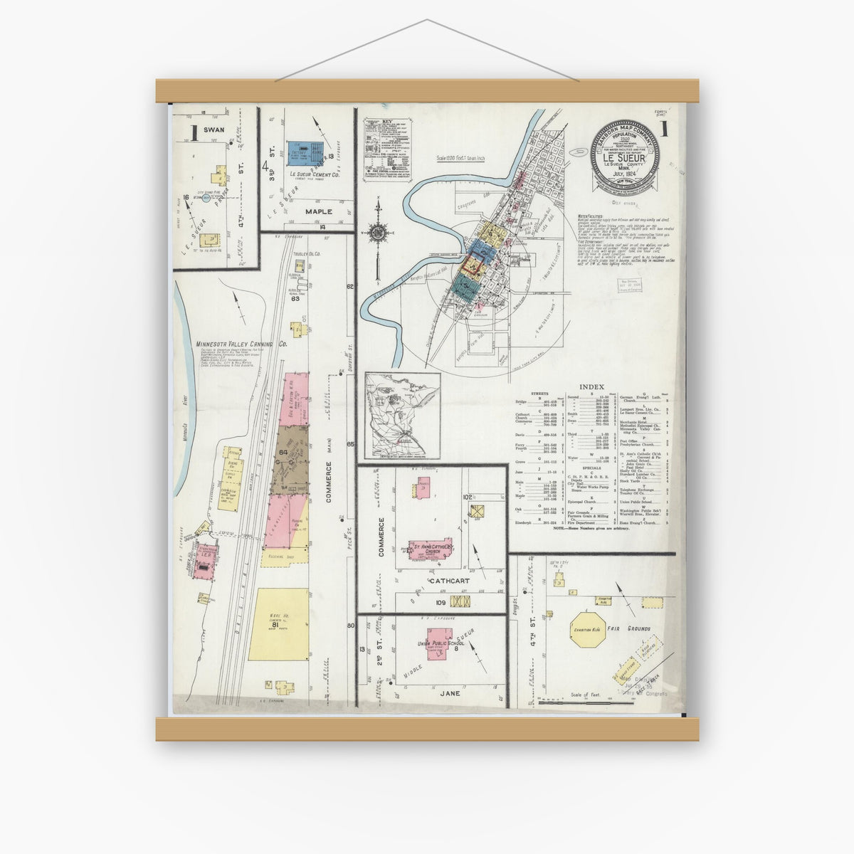 Old map wall art mockup — magnetic wood frame on white wall — Sanborn Fire Insurance Map from Le Sueur, Le Sueur County, Minnesota (1924), Sheet #0001