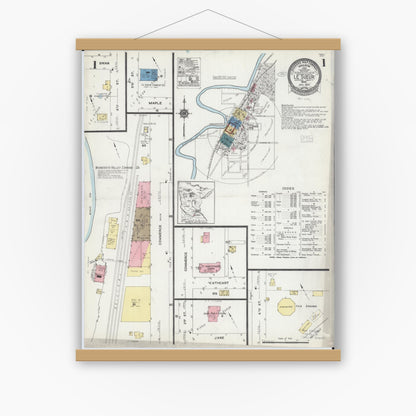 Old map wall art mockup — magnetic wood frame on white wall — Sanborn Fire Insurance Map from Le Sueur, Le Sueur County, Minnesota (1924), Sheet #0001