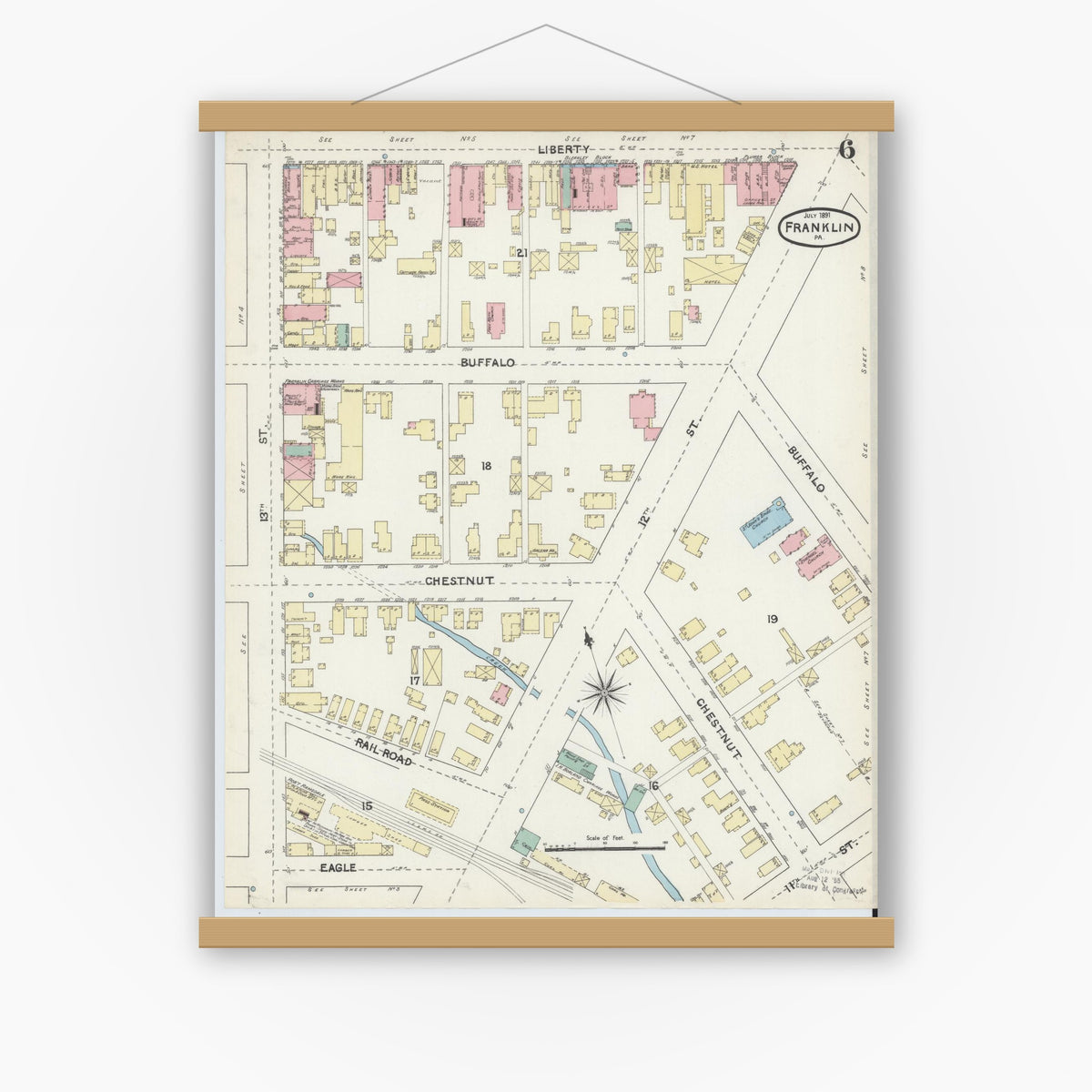 Old map wall art mockup — magnetic wood frame on white wall — Sanborn Fire Insurance Map from Franklin, Venango County, Pennsylvania (1891), Sheet #0006
