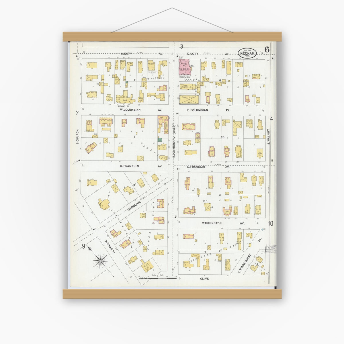 Old map wall art mockup — magnetic wood frame on white wall — Sanborn Fire Insurance Map from Neenah, Winnebago County, Wisconsin (1900), Sheet #0006