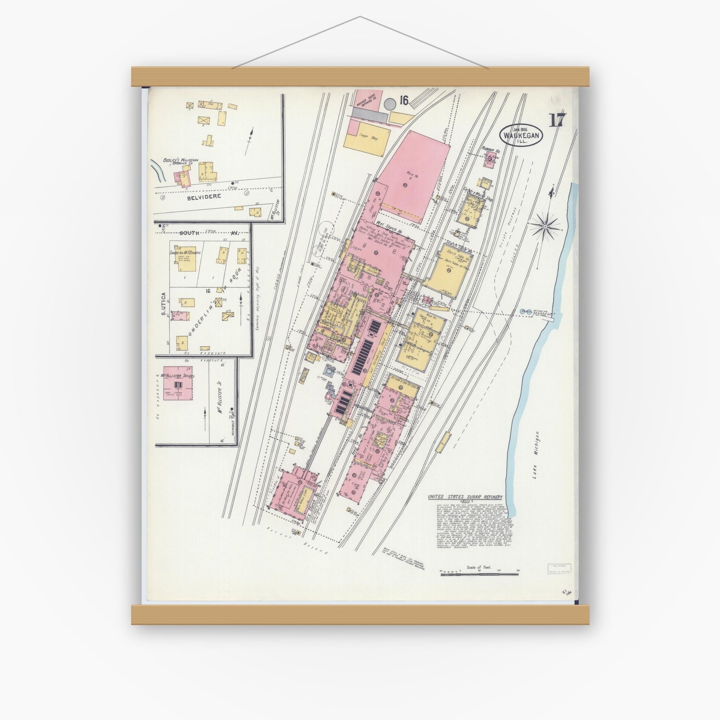 Old map wall art mockup — magnetic wood frame on white wall — Sanborn Fire Insurance Map from Waukegan, Lake County, Illinois (1906), Sheet #0017