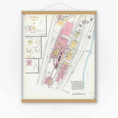 Old map wall art mockup — magnetic wood frame on white wall — Sanborn Fire Insurance Map from Waukegan, Lake County, Illinois (1906), Sheet #0017