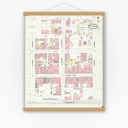 Old map wall art mockup — magnetic wood frame on white wall — Sanborn Fire Insurance Map from Ottumwa, Wapello County, Iowa (1891), Sheet #0006