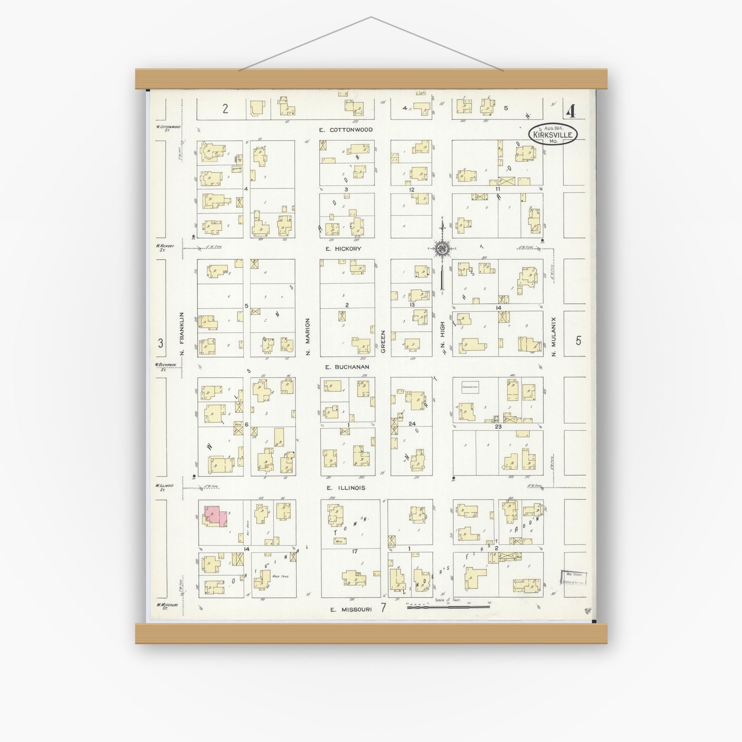 Old map wall art mockup — magnetic wood frame on white wall — Sanborn Fire Insurance Map from Kirksville, Adair County, Missouri (1914), Sheet #0004