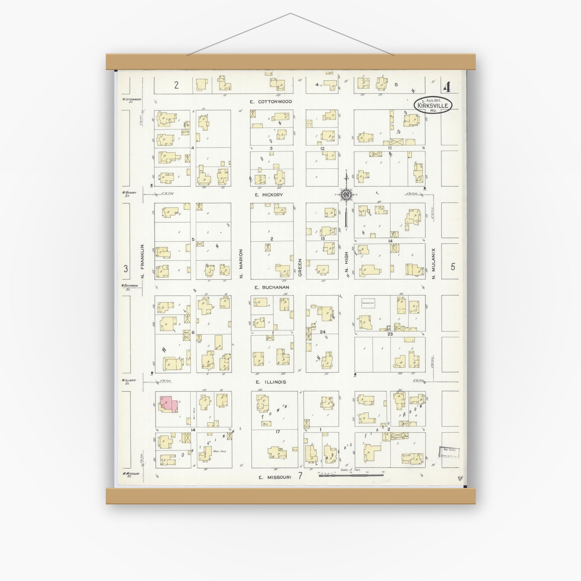 Old map wall art mockup — magnetic wood frame on white wall — Sanborn Fire Insurance Map from Kirksville, Adair County, Missouri (1914), Sheet #0004