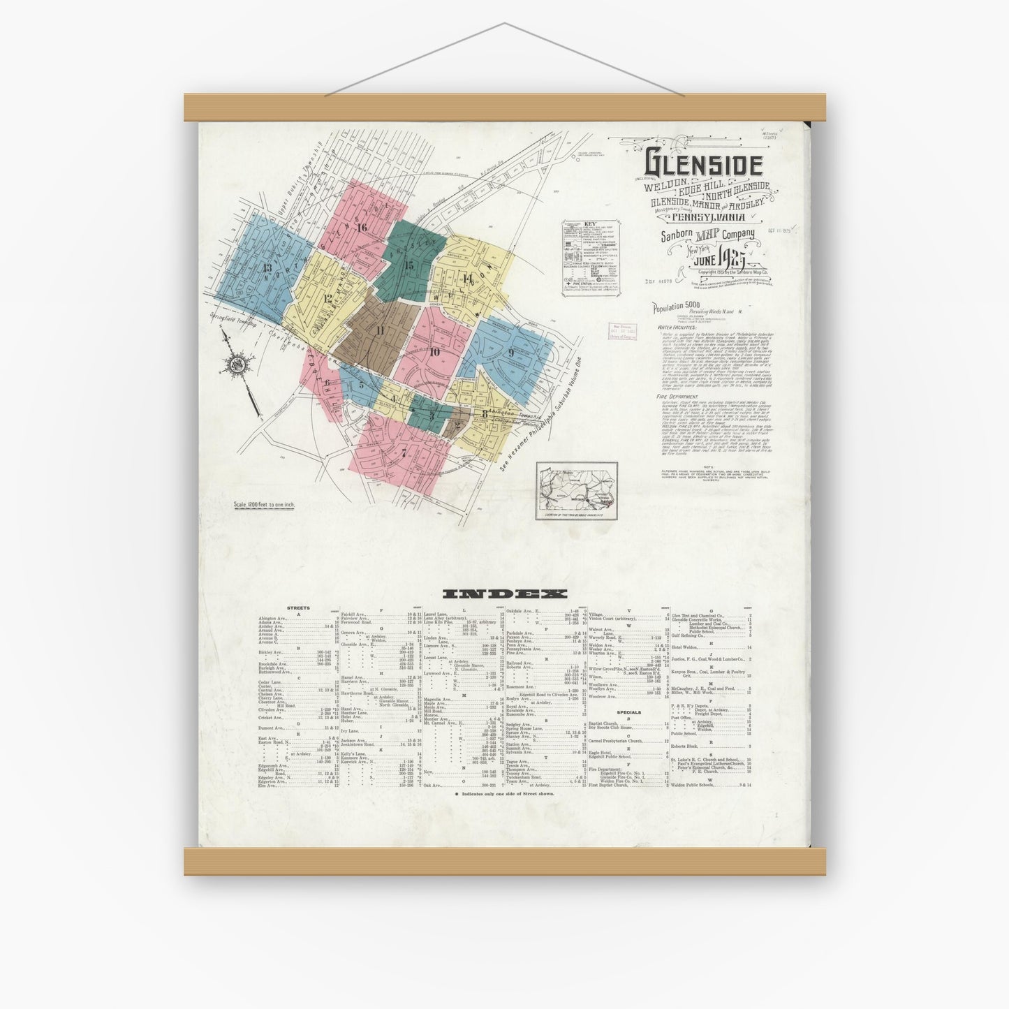 Old map wall art mockup — magnetic wood frame on white wall — Sanborn Fire Insurance Map from Glenside, Montgomery County, Pennsylvania (1925), Sheet #0001