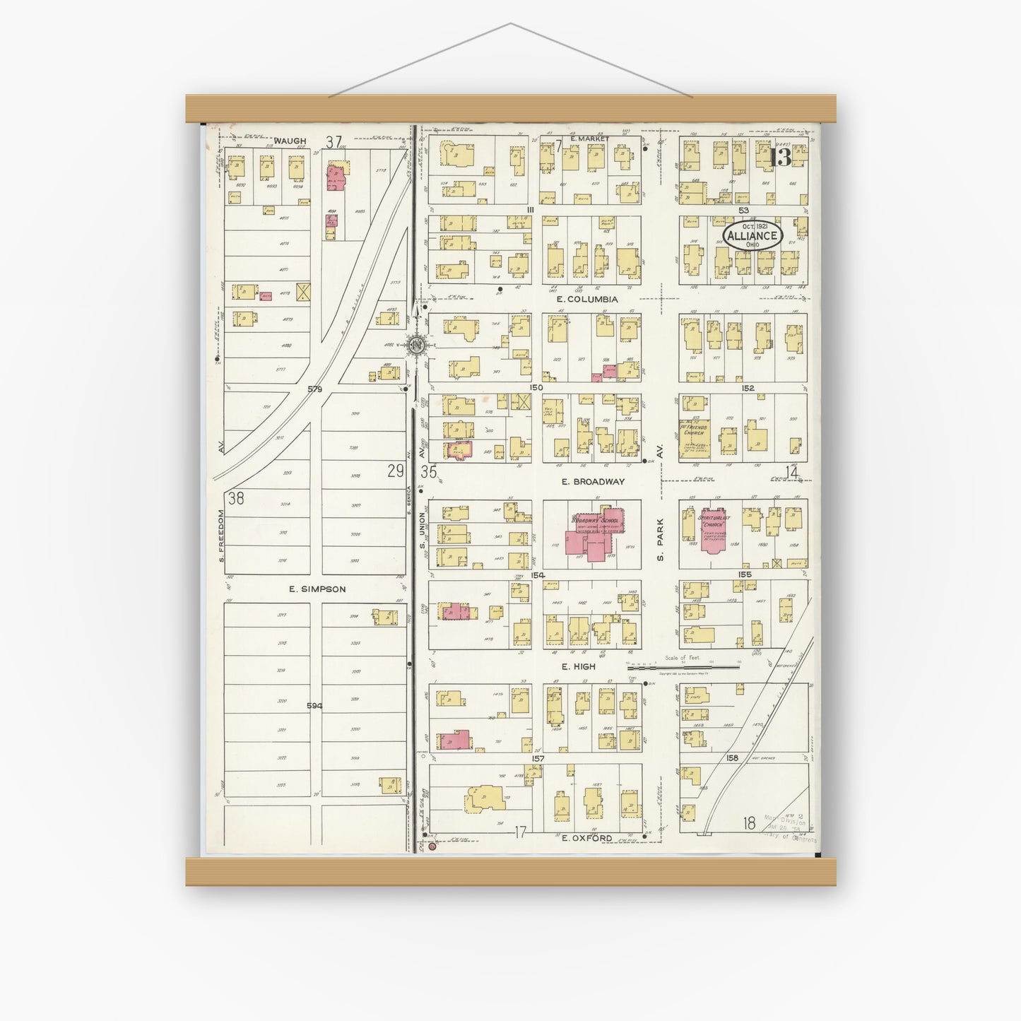 Old map wall art mockup — magnetic wood frame on white wall — Sanborn Fire Insurance Map from Alliance, Stark County, Ohio (1921), Sheet #0013