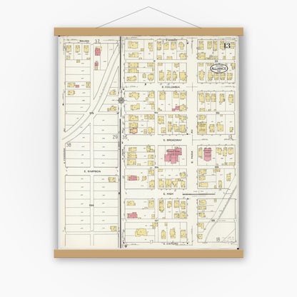 Old map wall art mockup — magnetic wood frame on white wall — Sanborn Fire Insurance Map from Alliance, Stark County, Ohio (1921), Sheet #0013