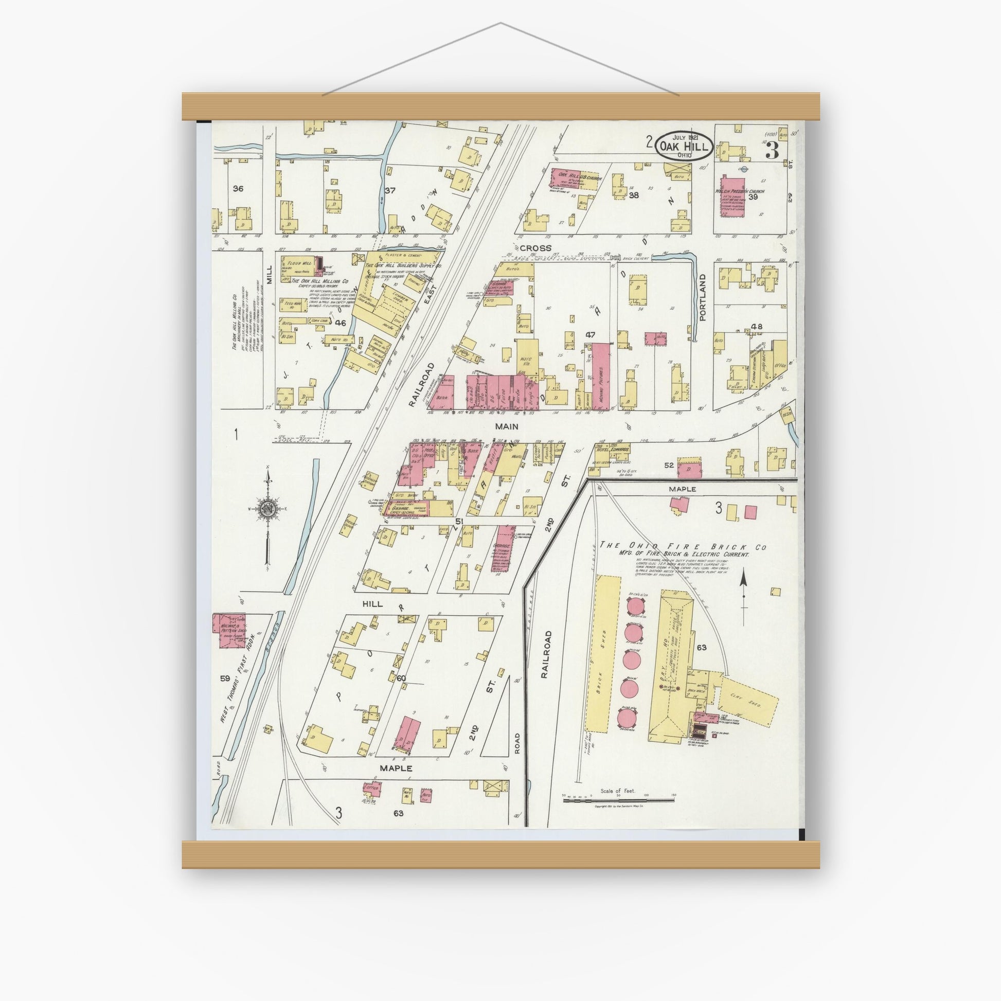 Old map wall art mockup — magnetic wood frame on white wall — Sanborn Fire Insurance Map from Oak Hill, Jackson County, Ohio (1921), Sheet #0003