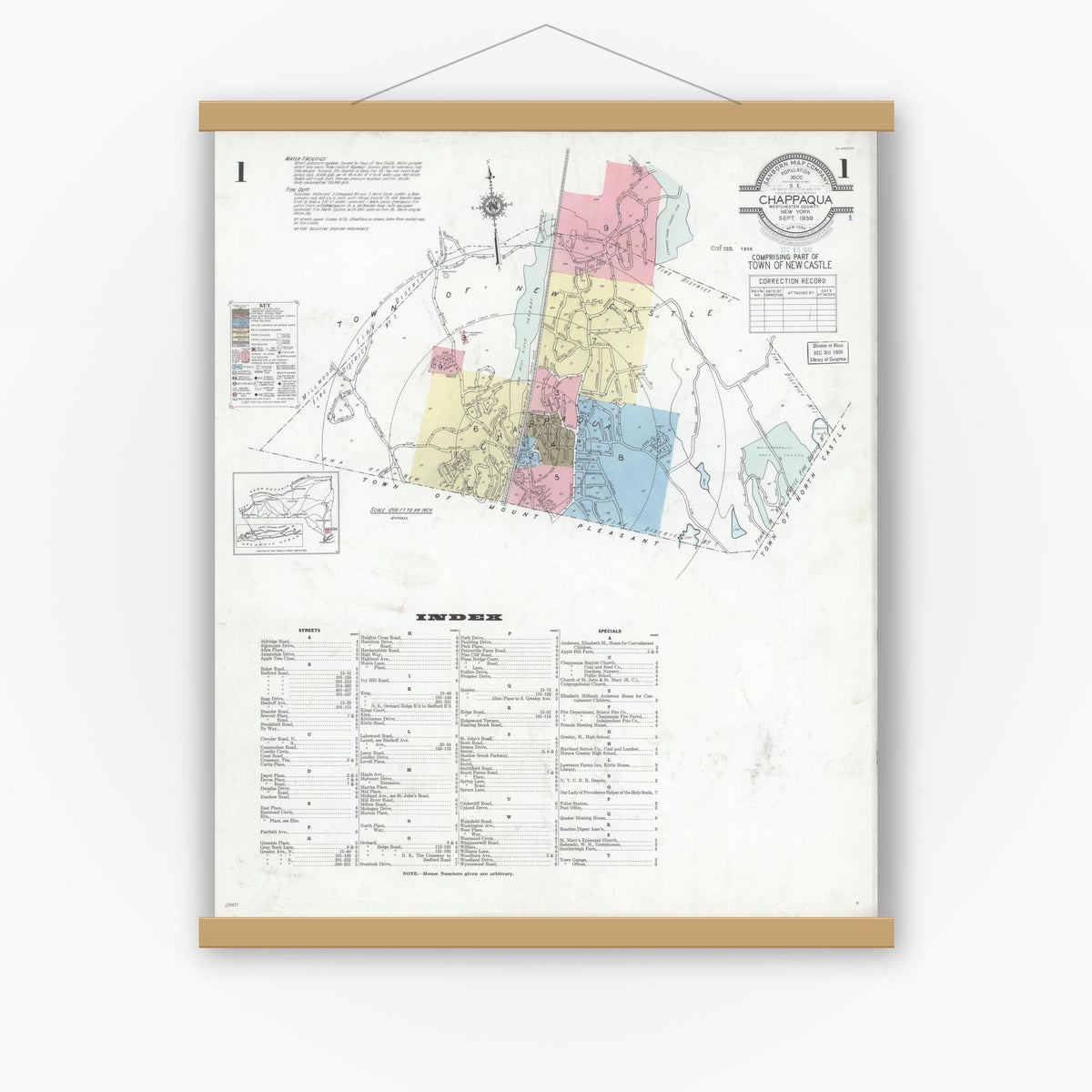 Old map wall art mockup — magnetic wood frame on white wall — Sanborn Fire Insurance Map from Chappaqua, Westchester County, New York (1939) - Complete Map Set
