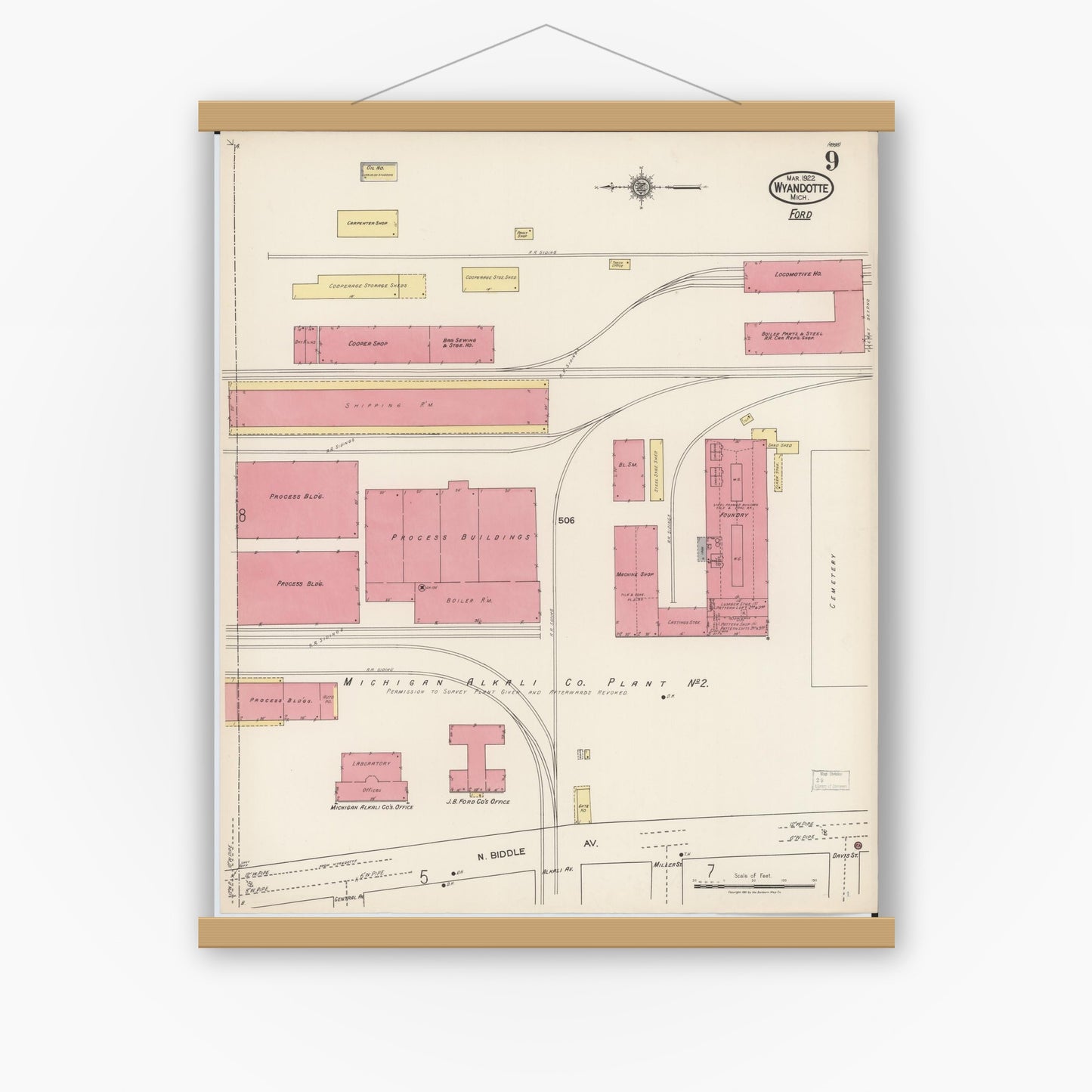 Old map wall art mockup — magnetic wood frame on white wall — Sanborn Fire Insurance Map from Wyandotte, Wayne County, Michigan (1922), Sheet #0009
