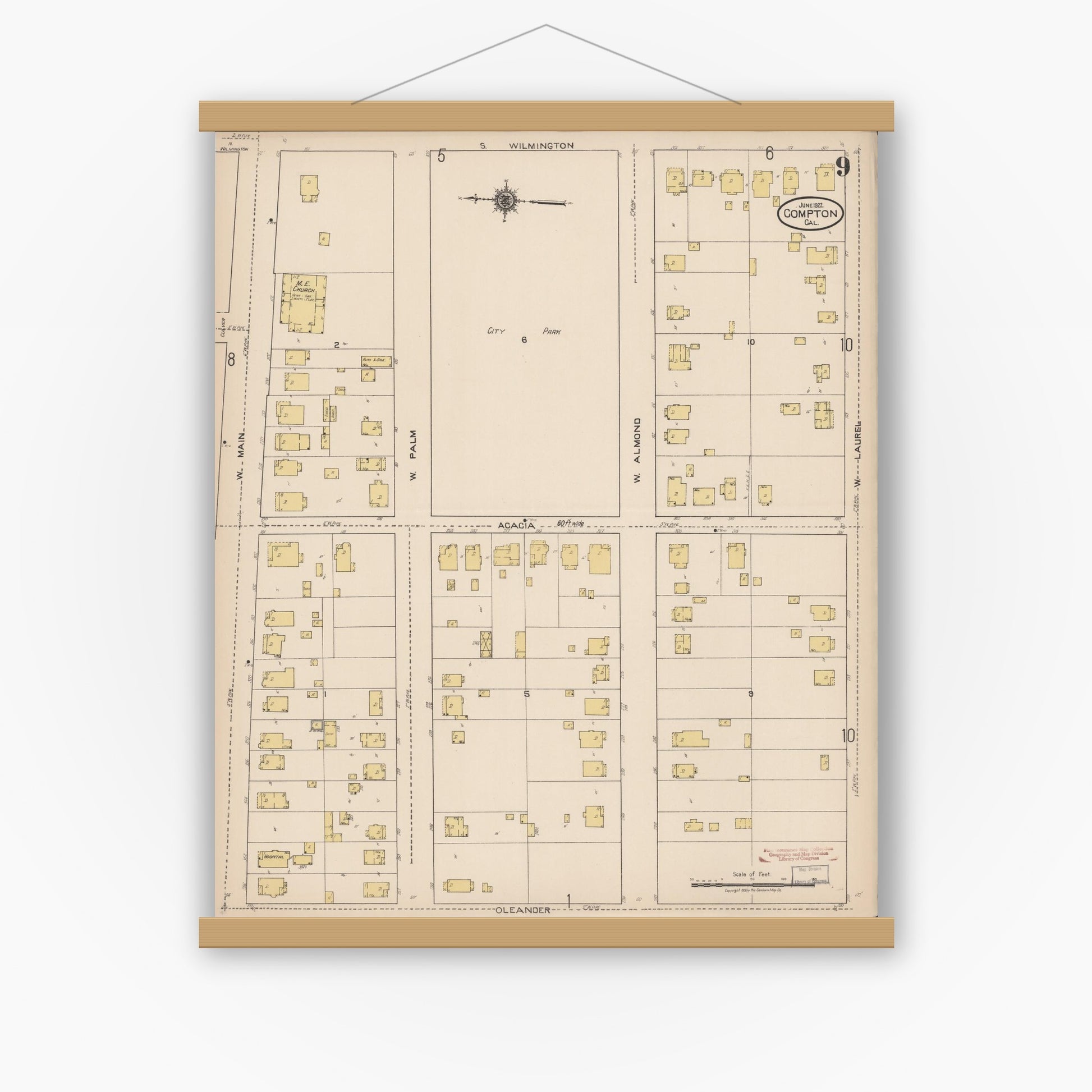 Old map wall art mockup — magnetic wood frame on white wall — Sanborn Fire Insurance Map from Compton, Los Angeles County, California (1922), Sheet #0009