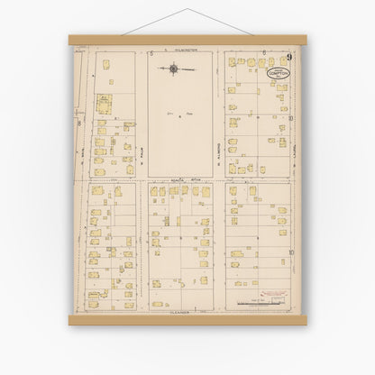 Old map wall art mockup — magnetic wood frame on white wall — Sanborn Fire Insurance Map from Compton, Los Angeles County, California (1922), Sheet #0009