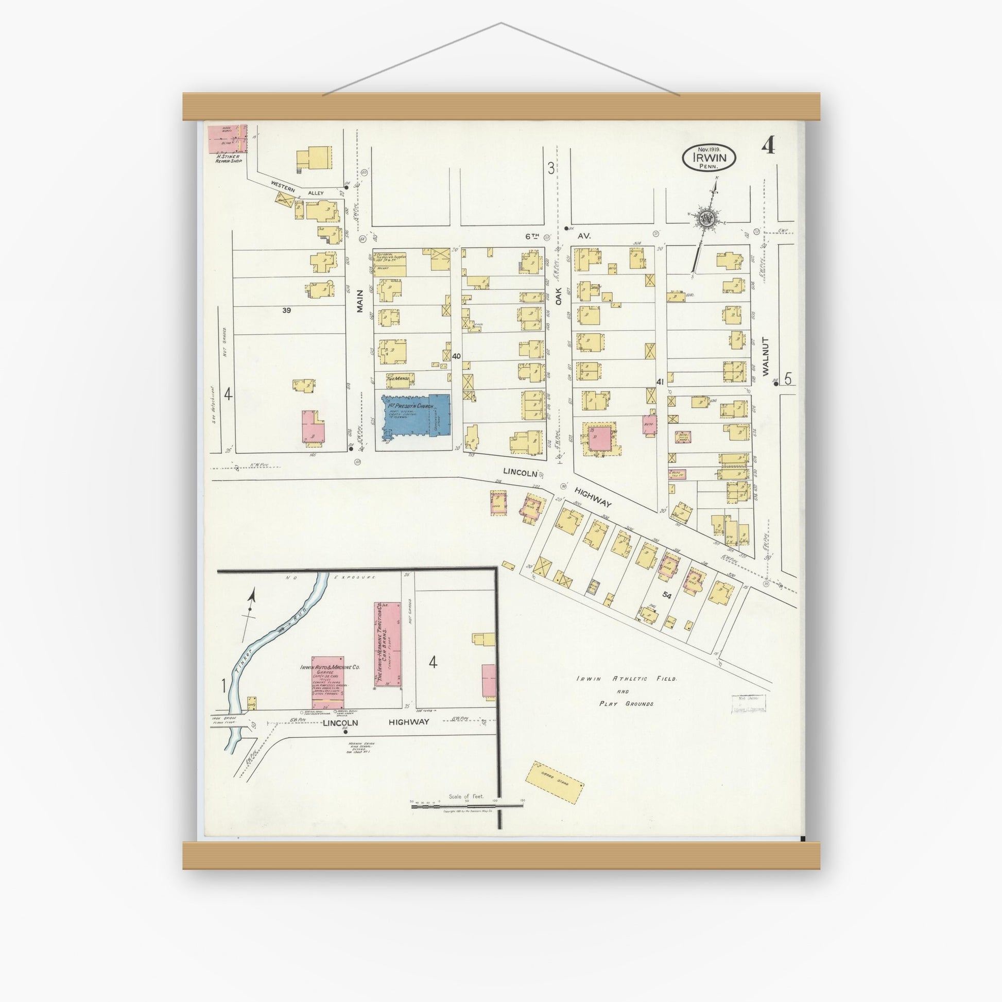 Old map wall art mockup — magnetic wood frame on white wall — Sanborn Fire Insurance Map from Irwin, Westmoreland County, Pennsylvania (1919), Sheet #0004