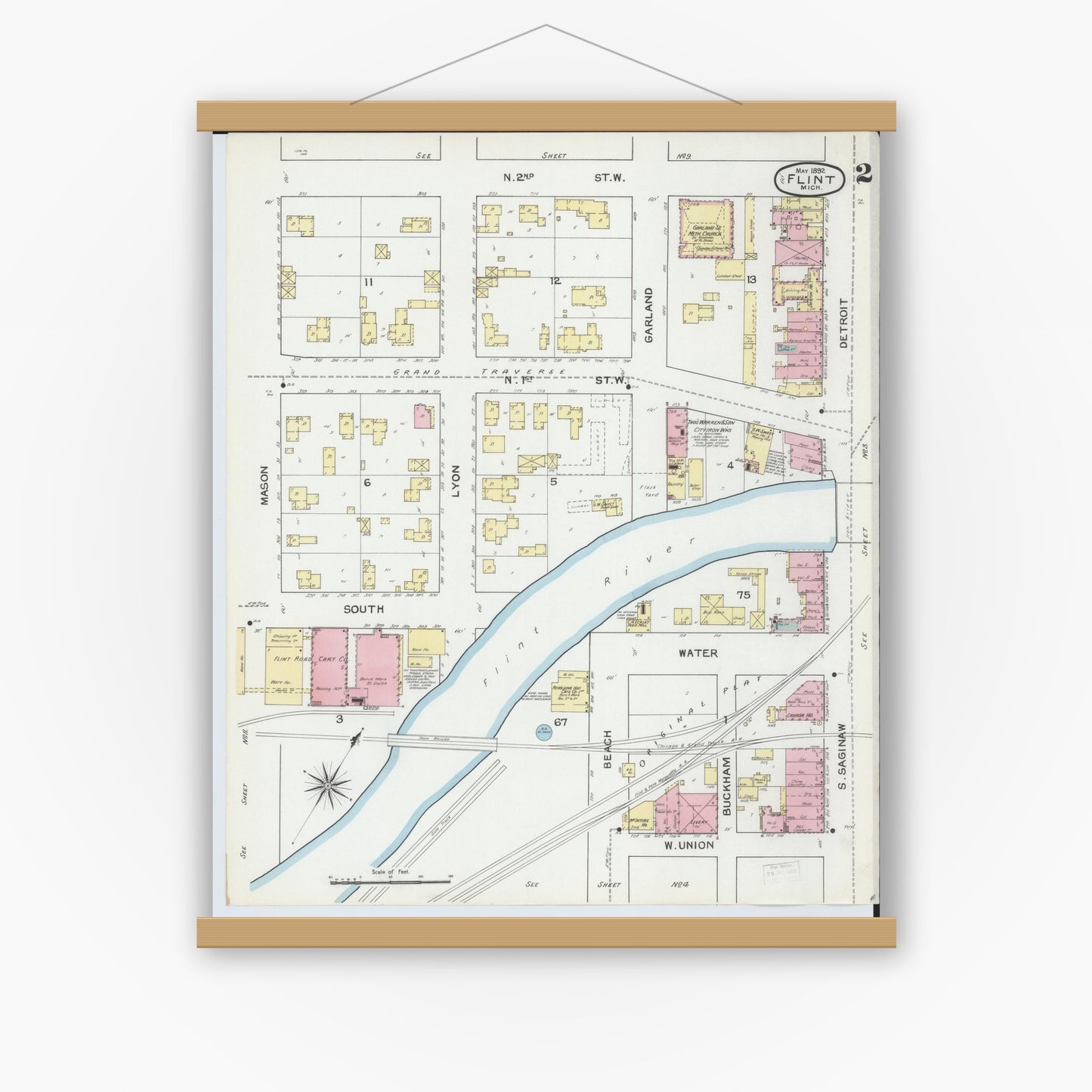 Old map wall art mockup — magnetic wood frame on white wall — Sanborn Fire Insurance Map from Flint, Genesee County, Michigan (1892), Sheet #0002