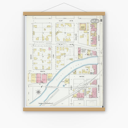 Old map wall art mockup — magnetic wood frame on white wall — Sanborn Fire Insurance Map from Flint, Genesee County, Michigan (1892), Sheet #0002