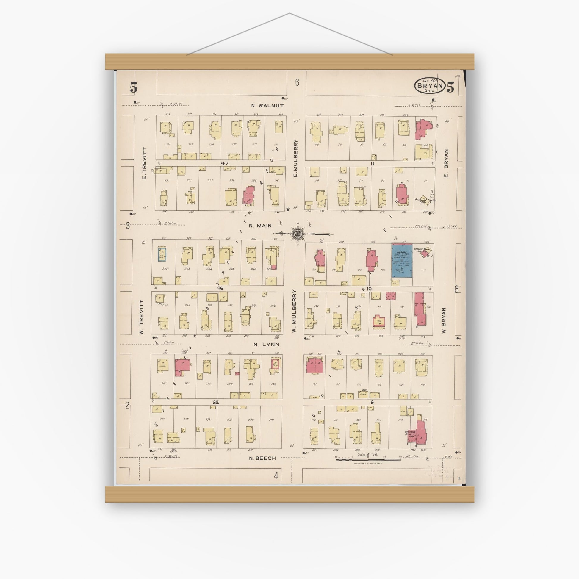 Old map wall art mockup — magnetic wood frame on white wall — Sanborn Fire Insurance Map from Bryan, Williams County, Ohio (1923), Sheet #0005